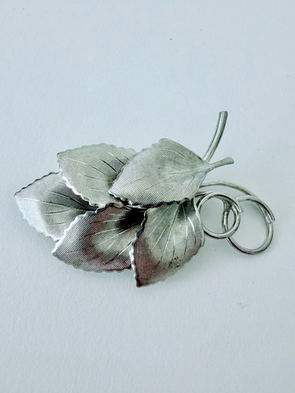 Vintage Silver Tone Textured Leaf Cluster Brooch - Mid-Century Botanical Pin
